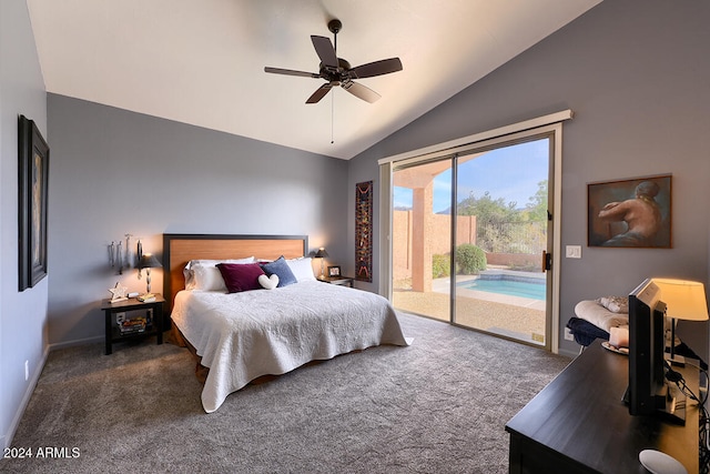 carpeted bedroom with access to exterior, ceiling fan, and lofted ceiling