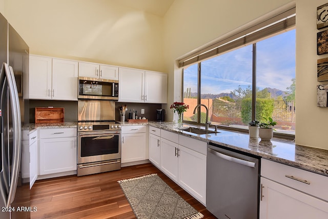 kitchen with sink, white cabinetry, stainless steel appliances, and dark wood-type flooring