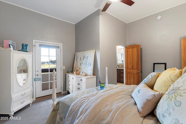 bedroom with ceiling fan and carpet floors