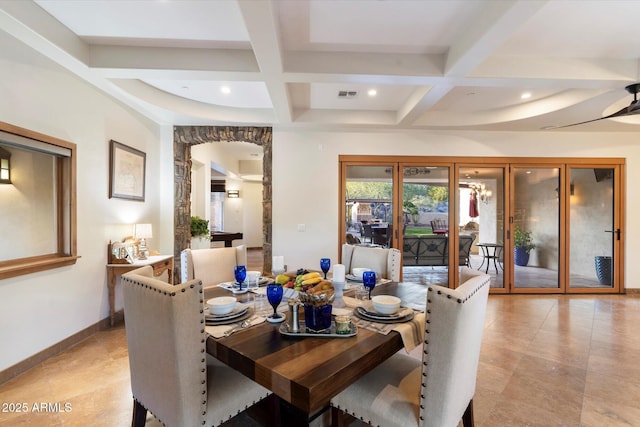 dining space featuring beamed ceiling and coffered ceiling