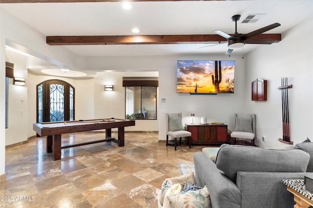 game room featuring beam ceiling, ceiling fan, and billiards