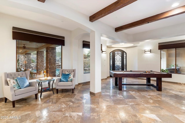 recreation room featuring beamed ceiling and billiards