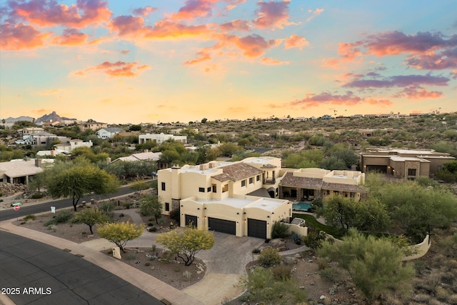 view of aerial view at dusk