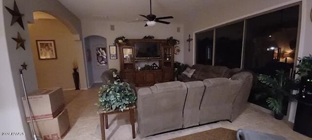 living room with ceiling fan