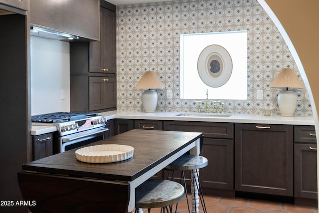 1309 W Lynwood St, Phoenix, AZ 85007 - kitchen featuring stainless steel gas stove, a sink, light tile patterned floors, and light countertops