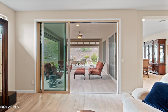 interior space featuring ceiling fan and light hardwood / wood-style floors