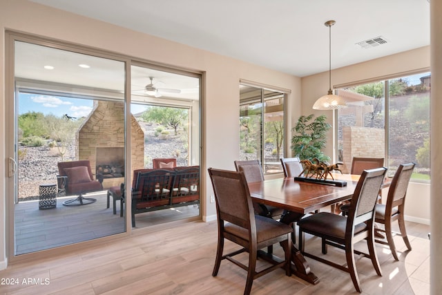 dining space featuring a healthy amount of sunlight, light hardwood / wood-style floors, and a fireplace