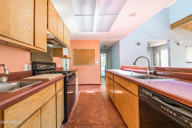 kitchen featuring a sink, dark tile patterned flooring, black appliances, and under cabinet range hood