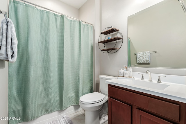 full bathroom with vanity, shower / bath combination with curtain, toilet, and tile patterned flooring