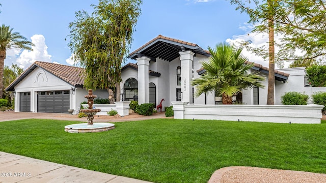 10662 E Carol Ave, Scottsdale, AZ 85258 - view of front of house featuring a tile roof, a garage, stucco siding, and a front lawn