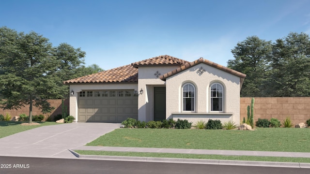 mediterranean / spanish-style house featuring an attached garage, concrete driveway, a front yard, and fence