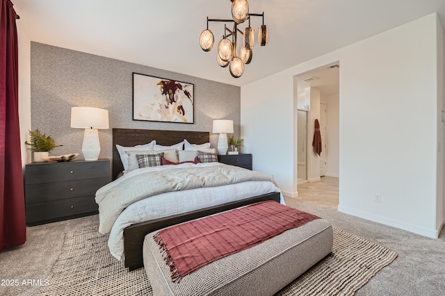 bedroom with light carpet, an inviting chandelier, wallpapered walls, baseboards, and an accent wall