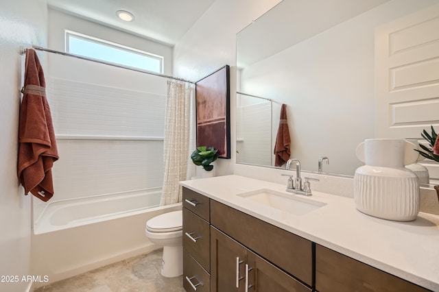 full bathroom with vanity, toilet, and shower / bathtub combination with curtain