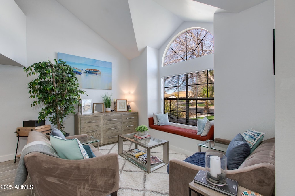 living room with high vaulted ceiling, a wealth of natural light, and light wood-type flooring