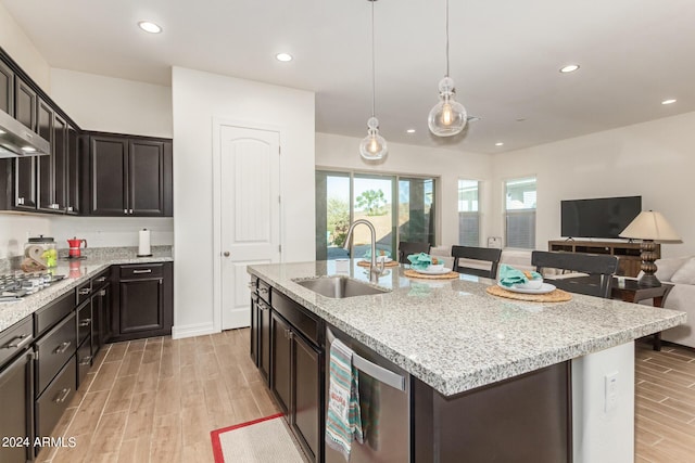 kitchen featuring pendant lighting, sink, dark brown cabinets, a center island with sink, and light wood-type flooring