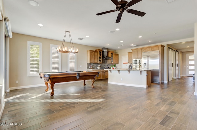 rec room featuring ceiling fan and pool table