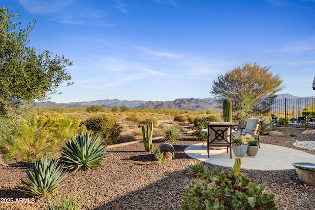 view of yard featuring a mountain view and a patio