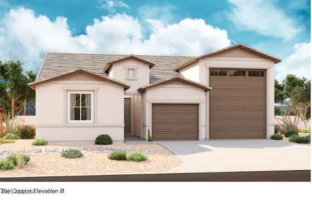 view of front of house featuring a garage, a tile roof, concrete driveway, and stucco siding