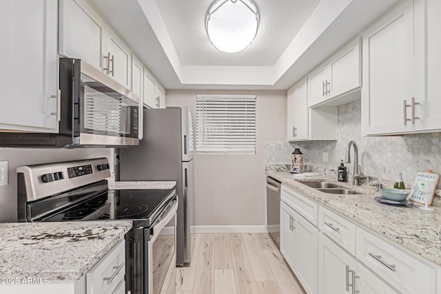 3119 W Cochise Dr Unit 111, Phoenix, AZ 85051 - kitchen with appliances with stainless steel finishes, a sink, a raised ceiling, baseboards, and backsplash