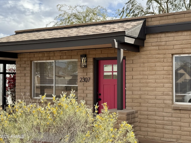 doorway to property with roof with shingles