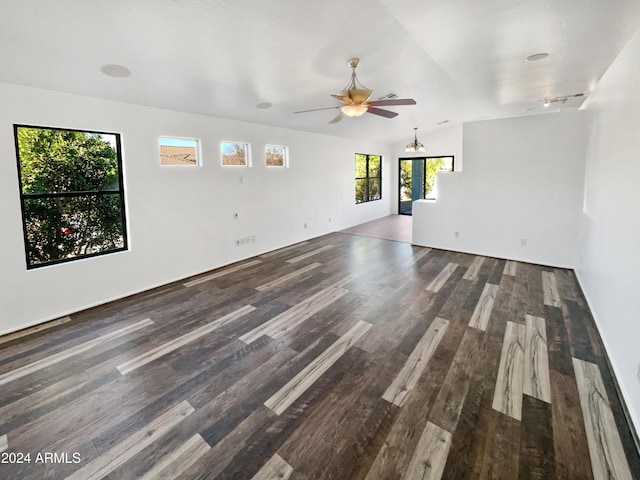 empty room featuring hardwood / wood-style floors, ceiling fan, and lofted ceiling