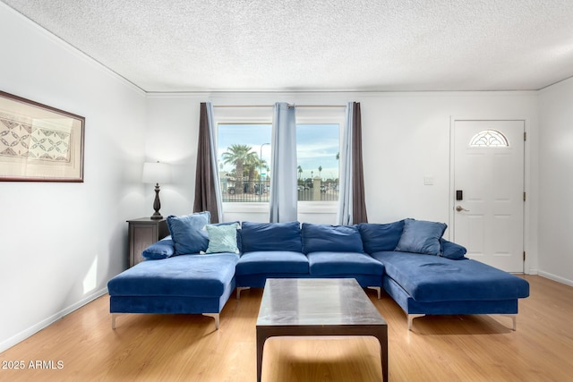 living room featuring hardwood / wood-style flooring, ornamental molding, and a textured ceiling