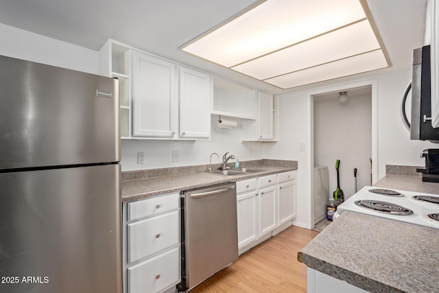 kitchen featuring white cabinetry, appliances with stainless steel finishes, sink, and light hardwood / wood-style flooring