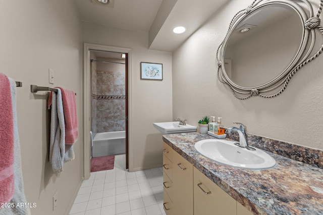 bathroom with baseboards, vanity, tile patterned floors, shower / bathtub combination, and recessed lighting