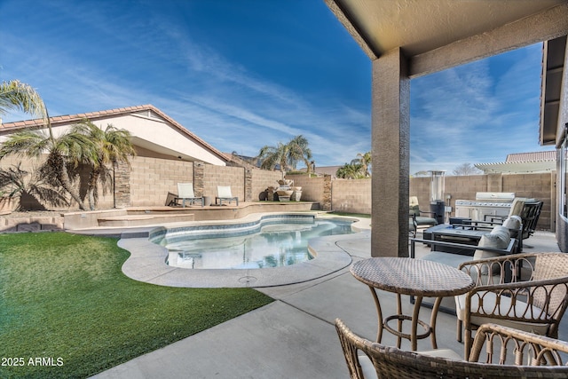 view of pool featuring area for grilling and a patio