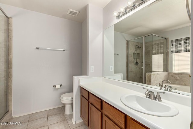 bathroom featuring toilet, a stall shower, visible vents, and tile patterned floors