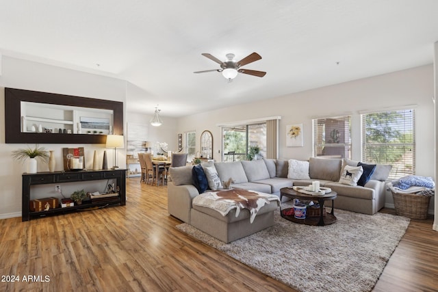 living room with hardwood / wood-style floors, ceiling fan, and plenty of natural light