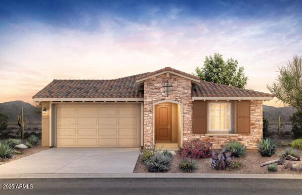 13530 W Copperleaf Ln, Peoria, AZ 85383 - single story home featuring driveway, a garage, stone siding, and a tiled roof