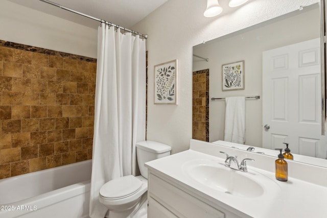 full bathroom featuring vanity, shower / bath combination with curtain, and toilet