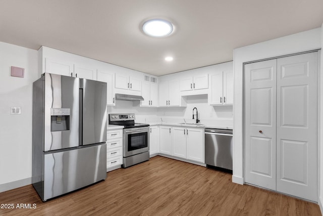 14215 N 36th Way, Phoenix, AZ 85032 - kitchen with appliances with stainless steel finishes, a sink, wood finished floors, white cabinets, and under cabinet range hood