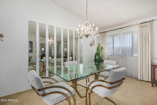 dining room featuring carpet flooring, vaulted ceiling, and an inviting chandelier