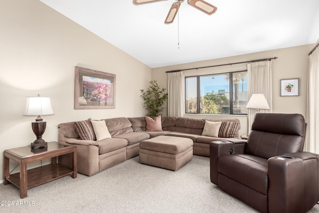 living room with lofted ceiling, light colored carpet, and ceiling fan