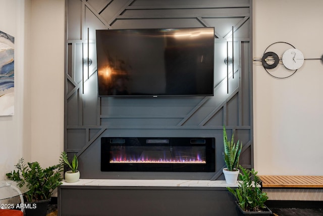 detailed view of a glass covered fireplace