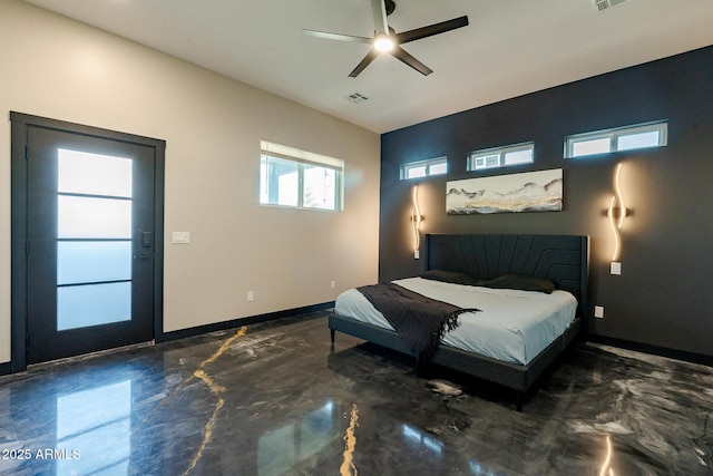 bedroom with baseboards and ceiling fan