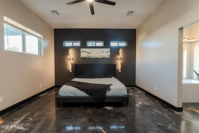 bedroom featuring baseboards, concrete flooring, and a ceiling fan