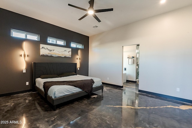bedroom with finished concrete floors, baseboards, a towering ceiling, and ceiling fan