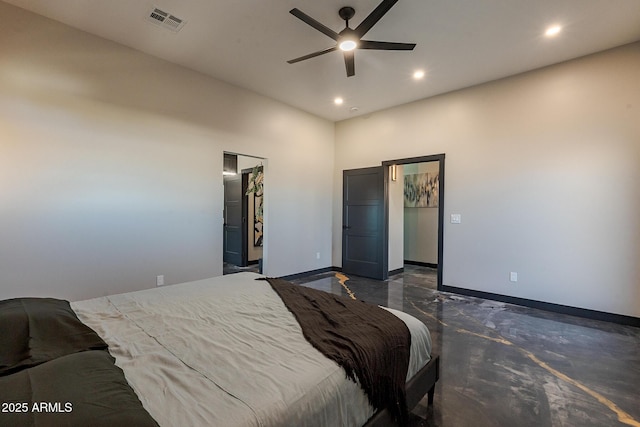 bedroom with recessed lighting, baseboards, a high ceiling, and a ceiling fan