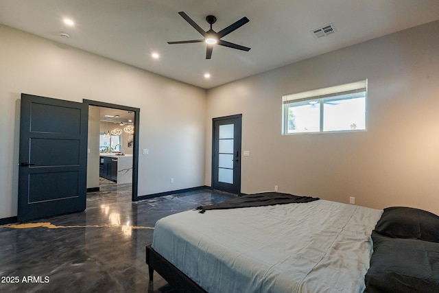 bedroom with recessed lighting, a ceiling fan, and baseboards