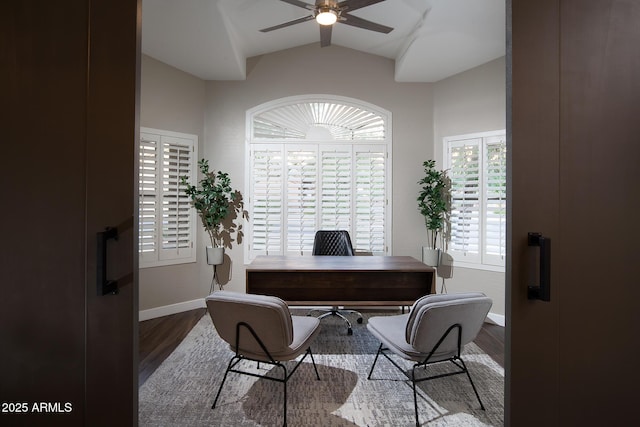 14424 N 64th Pl, Scottsdale, AZ 85254 - home office featuring wood finished floors, ceiling fan, baseboards, and lofted ceiling