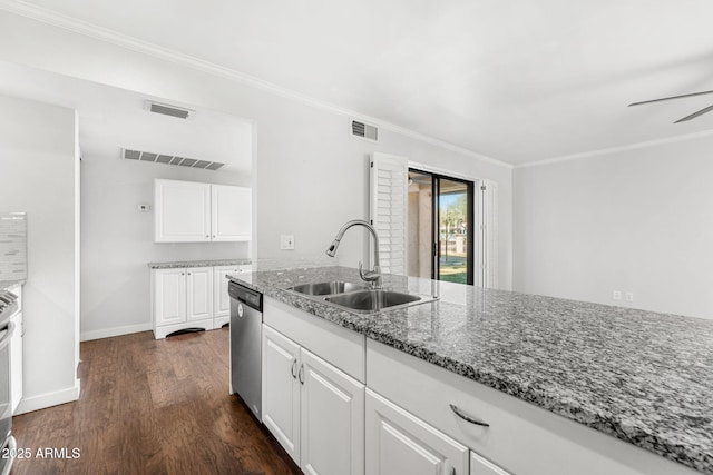 kitchen featuring stainless steel dishwasher, dark wood finished floors, visible vents, and a sink