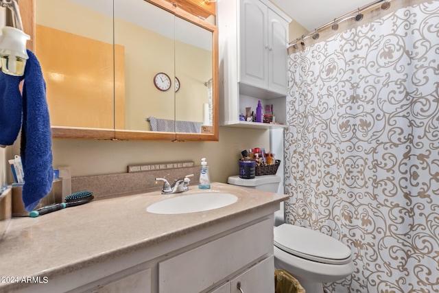 bathroom with vanity, toilet, and a shower with shower curtain