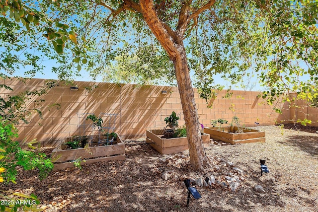 view of yard featuring a vegetable garden and a fenced backyard