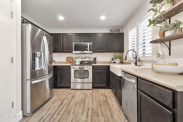 kitchen with open shelves, stainless steel appliances, light wood-type flooring, and light countertops