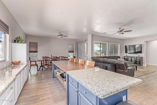 557 S Lemon Ct, Gilbert, AZ 85296 - kitchen featuring a ceiling fan, blue cabinetry, light wood-type flooring, and open floor plan