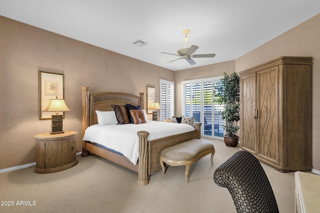 13827 N Mesquite Ln, Fountain Hills, AZ 85268 - bedroom featuring visible vents, baseboards, ceiling fan, access to outside, and light colored carpet