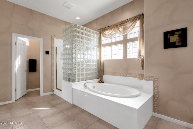 13827 N Mesquite Ln, Fountain Hills, AZ 85268 - bathroom featuring a walk in shower, tile patterned flooring, a bath, and baseboards